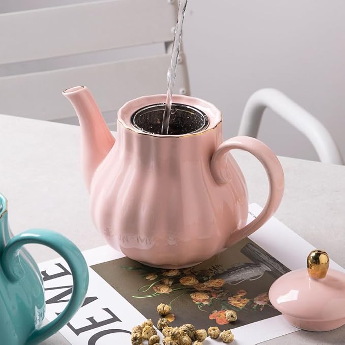 Sweejar Royal Teapot, Ceramic Tea Pot with Removable Stainless Steel Infuser, Blooming & Loose Leaf Teapot - 40 Ounce (Pink) - Bloomnest