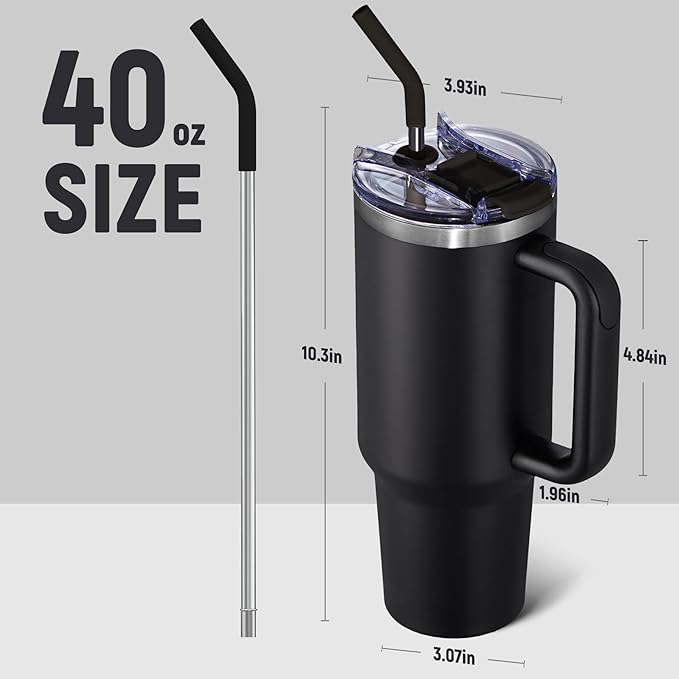 40 oz Tumbler With Handle and Straw Lid, Vacuum Insulated Travel Coffee Mug Stainless Steel Insulated Cup for Beverages, Leak-proof, Cupholder Friendly (Black) - Bloomnest