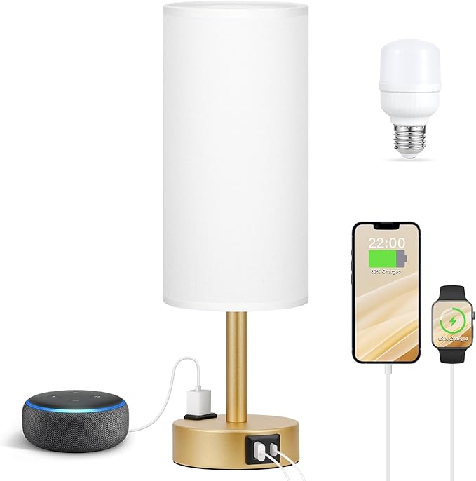Fenmzee Gold Touch Lamp for Bedroom- 3 Way Dimmable Bedside Lamp USB C A Charging Ports and AC Outlet, Small Table Lamp White Linen Lampshade for Gift, LED Bulb Included - Bloomnest
