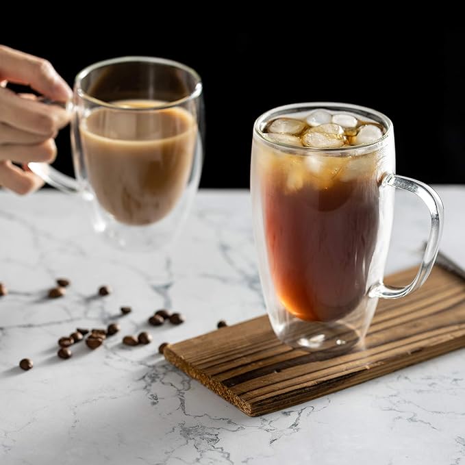 MEWAY 12oz/6 pack Coffee Mugs,Clear Glass Double Wall Cup with handle for Coffee, Tea, Latte, Cappuccino (12 oz，6) - Bloomnest