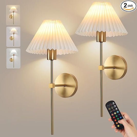 Wireless Wall Sconce Sets of 2, Pleated Shades Rechargeable Battery Operated Wall Sconce, Retro Industrial Gold Wall Lights Bathroom Vanity Sconces, Wall Mounted Lamps for Bedroom Living Room Kitchen - Bloomnest