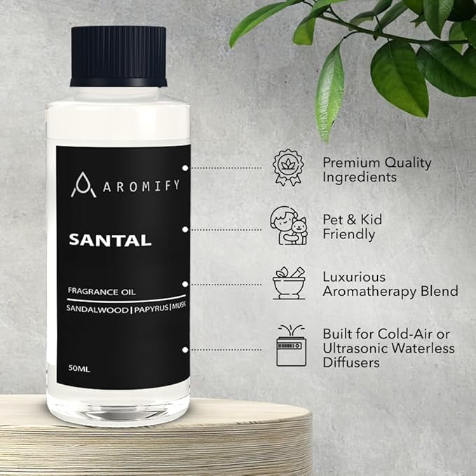 Santal Diffuser Oil, Diffuser Fragrance Oil for Home, Bathroom & Office, Aromatherapy Blend of Natural Essential Oil, Sandalwood & Musk Scent, 1.6 Fl Oz, 50 mL - Bloomnest