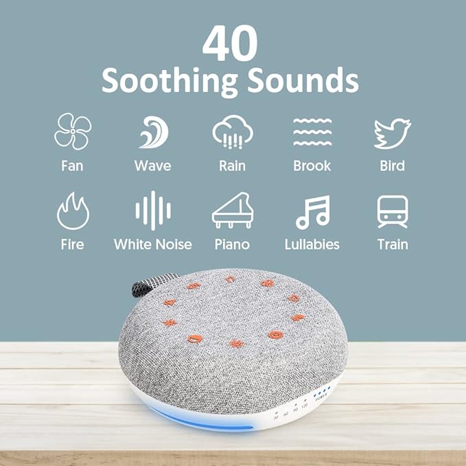 White Noise Machine,Portable Sound Machine with 40 Soothing Sounds, USB Rechargeable,Sleep Sound Timer & Night Light for Baby Kids Adults