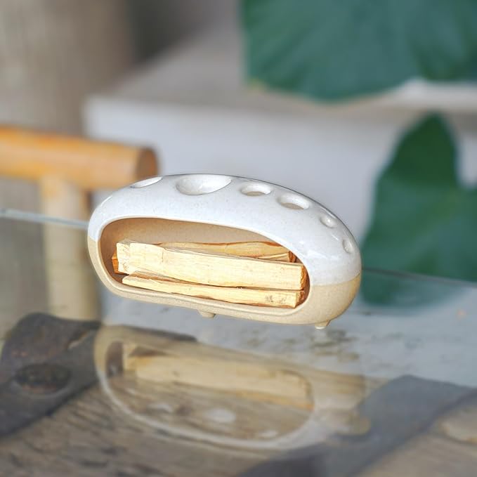 3 in 1 Palo Santo Holder for Sage Bundles Cone Incense, Handcrafted Ceramic Incense Burner Holder Ash Catcher with Chimney, Smudge Bowl for Yoga Meditation Home Decor (Multi - Porous White) GRAMSTORMAX