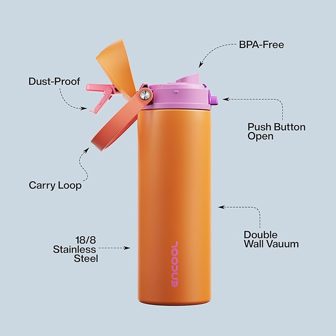 Insulated Water Bottle with Straw - Encool Stainless Steel Water Bottle with Push Button Lid, Leak-Proof & BPA-Free, Keeps Cold for 24 Hours for Sports, Travel, Gym (24 oz, Tiger Eye) ENCOOL
