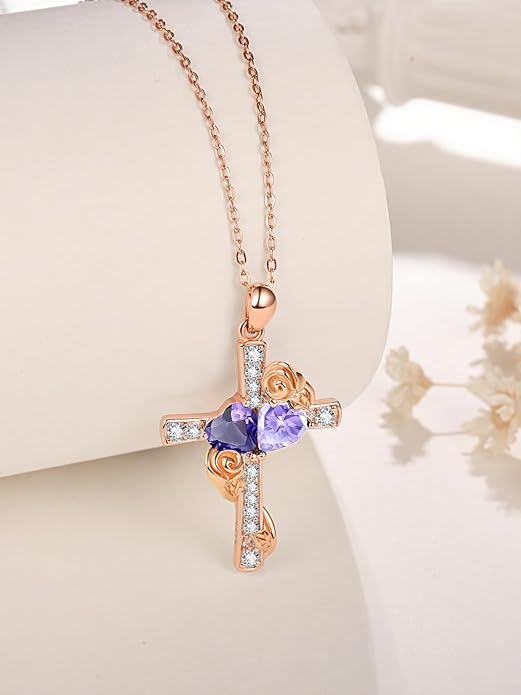 Rose Gold Dual Birthstones Cross Necklace for Women Rose Flower Jewelry Anniversary Christmas Mother's Valentine's Day Birthday Gift for Wife Girlfriend Mom - Bloomnest
