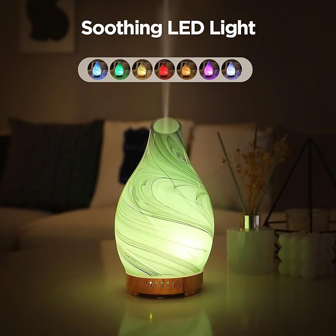 Essential Oil Diffuser, Art Glass Ultrasonic Aromatherapy Diffuser for Home 160ml with Intermittent Mist & LED 7 Colorful Changing Night Light for Bedroom-Ink Dyeing Time - Bloomnest