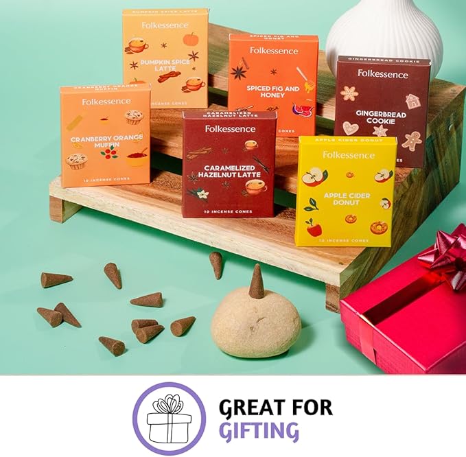 Folkulture Incense Cone Scented | Set of 6 (60) Fall Incense Cones for Relaxation | Pumpkin Spice Inscents or Gingerbread Fall Scents | Inscent Cone Variety Pack for Fall Essentials