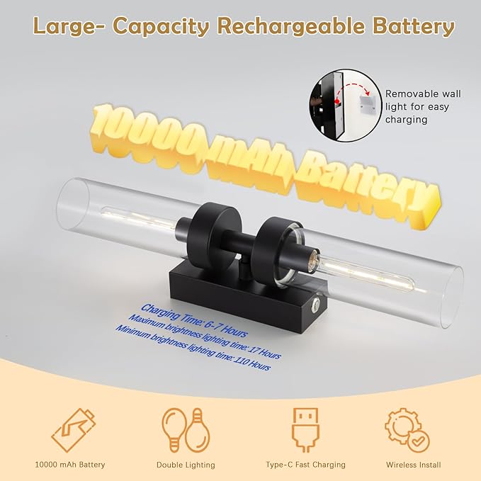 Rechargeable Wall Sconces Set of Two with Remote, Black Battery Operated Wall Sconce with Clear Glass, Sconces Wall Decor Set of 2 Wall Light Fixtures for Bedroom Bathroom Mirror Living Room - Bloomnest