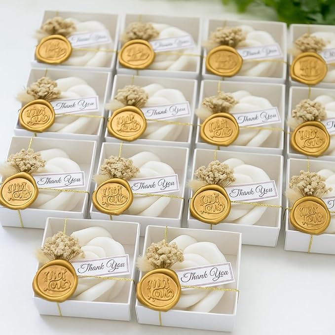 White Rose Petal Soy Wax Candles in Bulk – Rose Candle Wedding Favors for Guests, Personalized Candle Favors for Bridal Shower & Baby Shower Gifts – Dried Flower & Wax Seal Design (30 Pieces) - Bloomnest