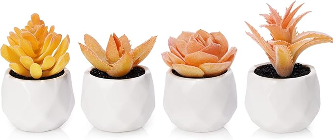 Tiita Artificial Faux Succulents in Pots, Mini Orange Fake Plants for Women Desk, Small Realistic Faux Succulents for Home Office Accessories Window Sill Bathroom Bedroom 4 Set, Orange - Bloomnest