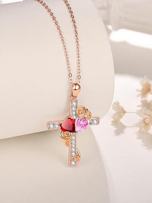 Rose Gold Dual Birthstones Cross Necklace for Women Rose Flower Jewelry Anniversary Christmas Mother's Valentine's Day Birthday Gift for Wife Girlfriend Mom - Bloomnest
