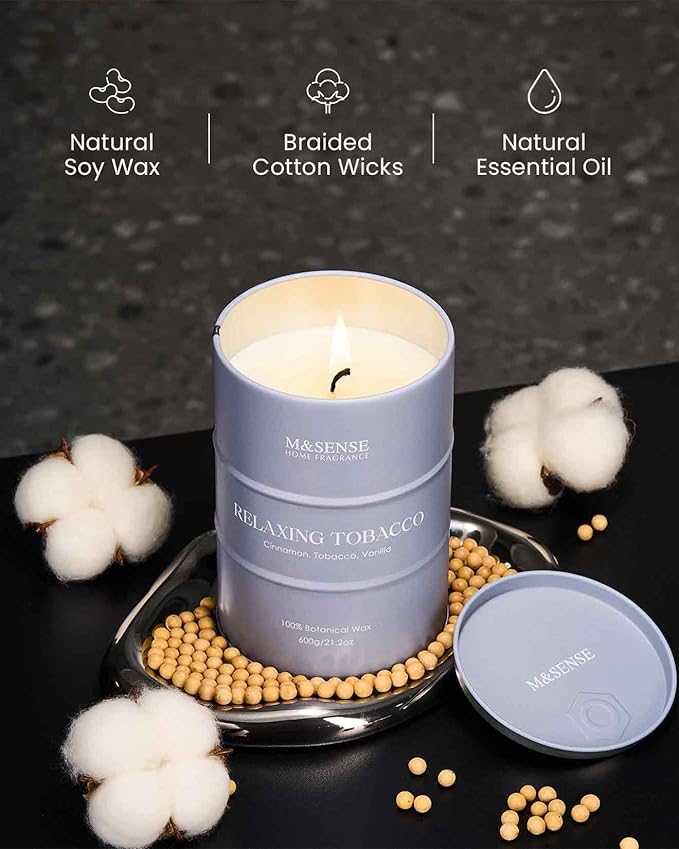 M&SENSE Tobacco Scented Candles Large, Natural Soy Candles 21.2oz 120 Hour Slow Burning,Aromatherapy Candle for Stress Relief Meditation Relaxing - Bloomnest