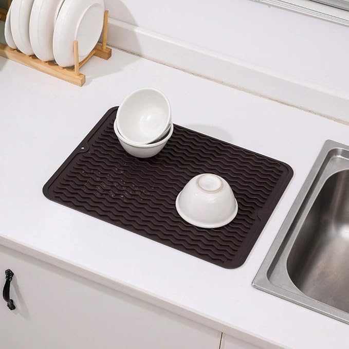 Silicone Dish Drying Mat for Multiple Usage,Easy clean,Eco-friendly,Heat-resistant Silicone Mat for Kitchen Counter or Sink,Refrigerator or drawer liner Coffee L 16 inches x 12 inches - Bloomnest