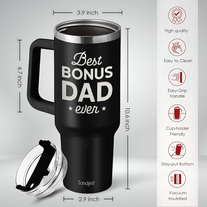 SANDJEST Bonus Dad Tumbler Gift from Step Daughter Son, 40oz Stainless Steel Insulated Coffee Tumbler With Lid & Straw, Travel Cup Gift for Step Dad Men, Christmas Birthday Father's Day - Bloomnest