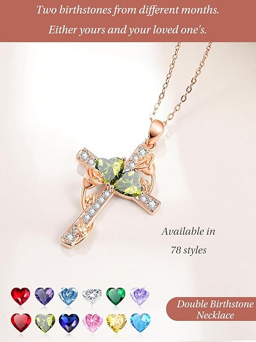 Rose Gold Dual Birthstones Cross Necklace for Women Rose Flower Jewelry Anniversary Christmas Mother's Valentine's Day Birthday Gift for Wife Girlfriend Mom - Bloomnest