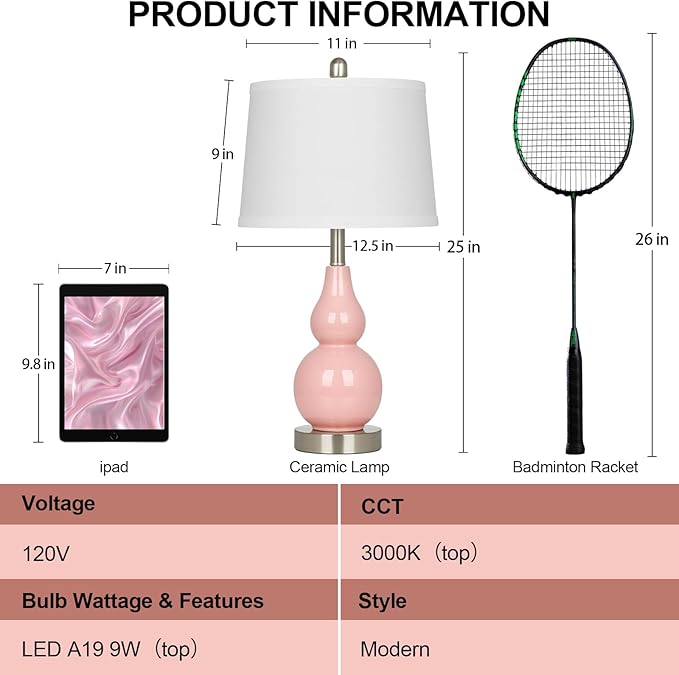Pink Ceramic Lamps Set of 2, 25" Modern Double Gourd Ceramic Table Lamps for Living Room, Cute Bedside Nightstand Lamps with Fabric Shade for Bedroom End Table Home Office Girls Room(2 Bulbs Included) - Bloomnest