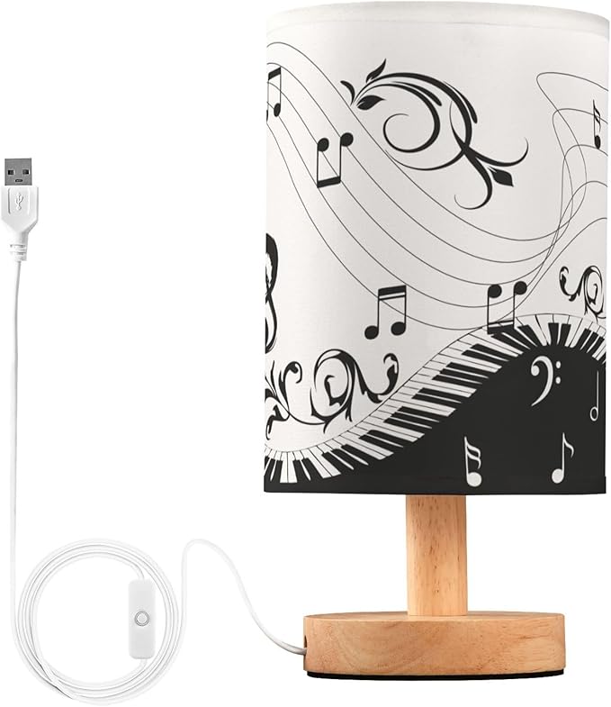 Table Lamp Music Note Piano Keyboard with Floral Branch Pattern Musical Symbol Nightstand Lamp with Wood Base Fabric Lamp Shade Bedside Desk Lamp for Living Room Bedroom Kids Room Office - Bloomnest