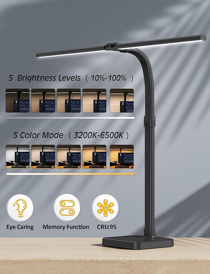 LED Desk Lamp for Home Office, Double Head 24W with Base, Architect Light 5 Lighting Brightness Flexible Gooseneck Table Reading Study, Black - Bloomnest