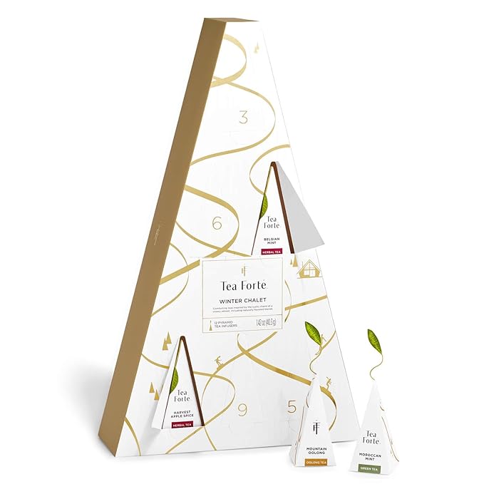 Tea Forte Tea Advent Calendar Gift Set; 12 Individually Wrapped Handcrafted Assorted Pyramid Infuser Tea Bags with Numbered Doors, Winter Chalet - Bloomnest