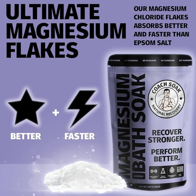 Coach Soak: Recovery Bath Soak - Fast-Absorbing Magnesium Flakes - Bath Salts with 21 Minerals & Essential Oils - Made in the USA with Dead Sea Salt, 3lbs (Calming Lavender) - Bloomnest