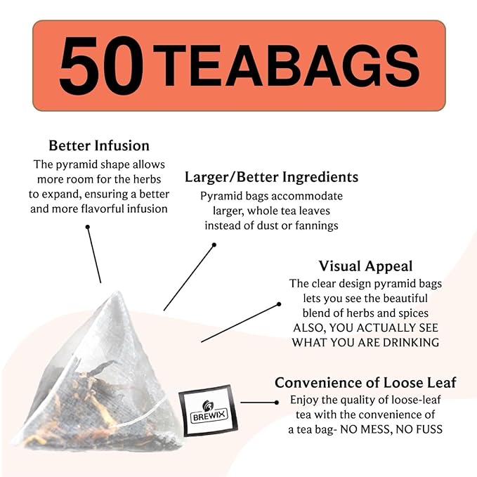 BREWIX, Peach Black Tea (50 Plant Based Pyramid Bags) | Premium Black Tea with Peach | Floral & Refreshing | Iced or Hot | Caffeinated And Sugar-Free - Bloomnest
