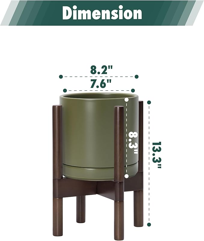 D'vine Dev Ceramic Planter with Walnut Color Stand - 8 Inch Modern Round Flower Pot with Wood Planter Holder, Olive, 55-B-Y-J - Bloomnest