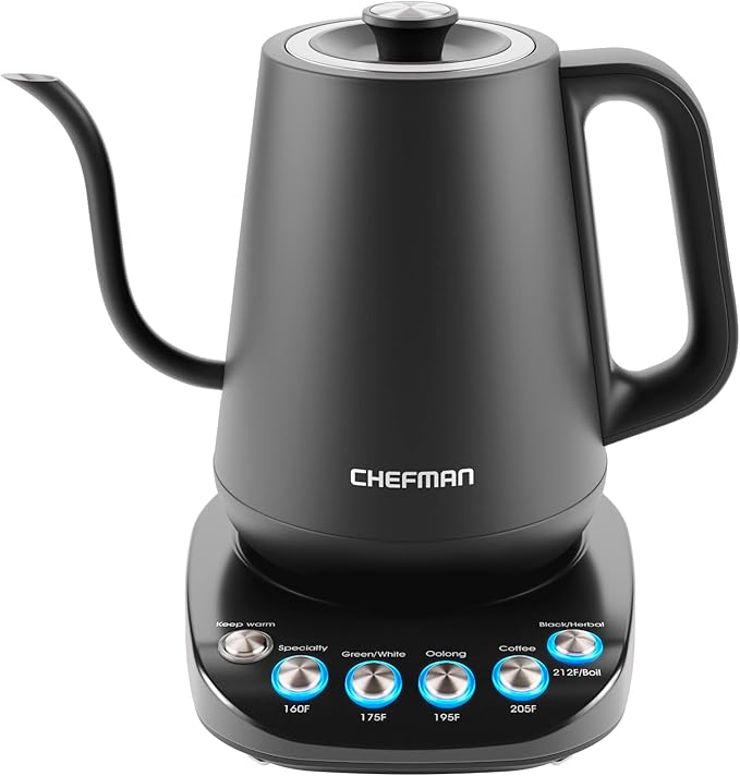 Chefman TrueTemp Precision Control Gooseneck Kettle, Internal Custom Temperature Control and 6 One-Touch Presets, Boil-Dry Protection Auto Shut-Off for Safety, For Pour Over Coffee and Tea, Black - Bloomnest