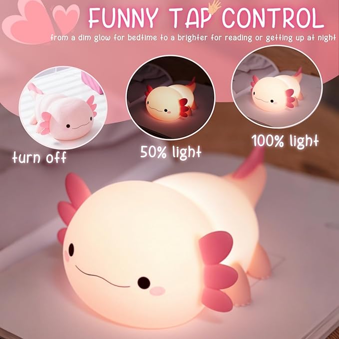 Axolotl Cute Night Light for Kids, Axolotl Lamp Girls Xmas Gifts, Rechargeable Bedside Nightlight, Squishy Dimmable Silicone LED Funny Animal Light, Baby Nursery Dorm Kawaii Décor Toys - Bloomnest