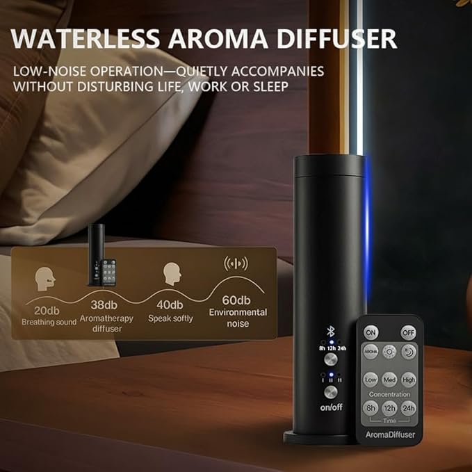 Waterless Essential Oil Diffuser for Home Large Room – 300m³ Coverage Aroma Scent Machine with Remote, 3 Intensity Levels & Timer, Quiet Operation; Ideal for Office & Spa Black (Includes 3×100ml Oils) - Bloomnest