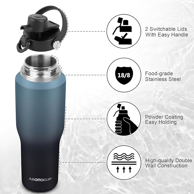 40oz Insulated Water Bottle Keep Cold 24h&Hot 12h, Double Wall Vacuum Insulated Water Bottles with Straw/Spout Lid, Stainless Steel Water Bottles that Fit in Any Car Cup Holder, Leak-proof - Bloomnest