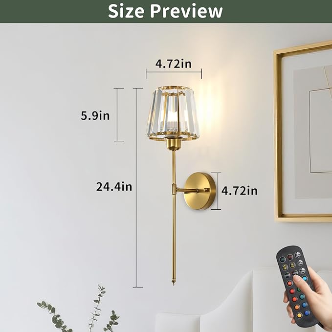 Battery Operated Crystal Wall Sconce Set of 2, Brushed Gold Wireless Wall Light with Remote Control, LED Dimmable 15 Colors USB Rechargeable Light Bulbs Wall Lamp for Bedroom Living Room Hallway - Bloomnest