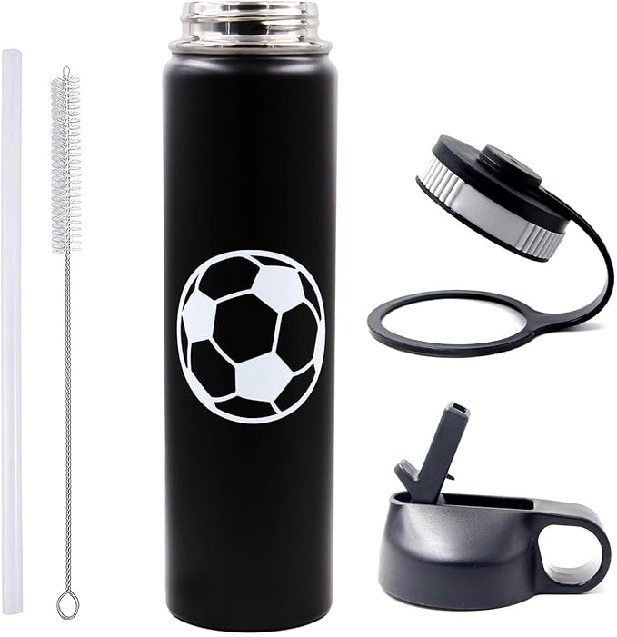25 oz Soccer Water Bottle with Straw, Sports Flask Metal Travel Tumbler with 2 Lids, BPA Free Stainless Steel Double Wall Vacuum Insulated Leak Proof Thermo Water Bottles, Soccer Gifts for Boys Girls - Bloomnest