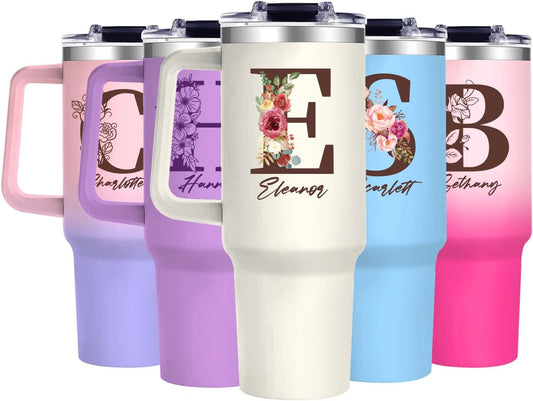 Personalized Gifts for Women - 40oz Customized Initial Floral Tumbler with Name，Monogrammed Flower Cups for Her, Ideal for Birthdays, Mother’s Day, Christmas -Perfect for Office Home Travel,02