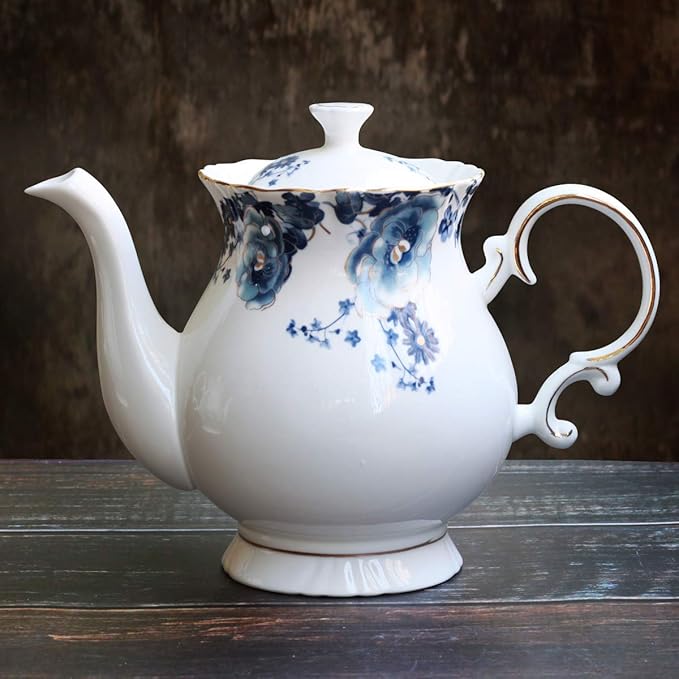 Jomop European Style Ceramic Flower Teapot Coffee Pot Water Pot Porcelain Gift Large 5.5 Cups (1, Blue and White) - Bloomnest