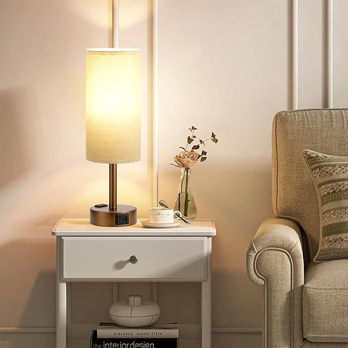 Fenmzee Brown Bedside Table Lamp for Bedroom - 3 Way Dimmable Touch Lamp USB C Charging Ports and AC Outlet, Small Lamp Round Flaxen Fabric Shade for Living Room, Desk, LED Bulb Included - Bloomnest