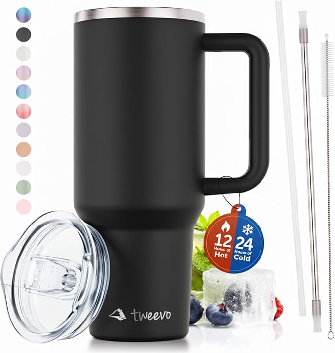 40 oz Tumbler With Handle and Straw Made of Stainless Steel - Double Wall Vacuum Insulated Tumbler With Lid - Sweat Proof Easy Grip, BPA-Free, Dishwasher Safe Tumbler (Black) - Bloomnest