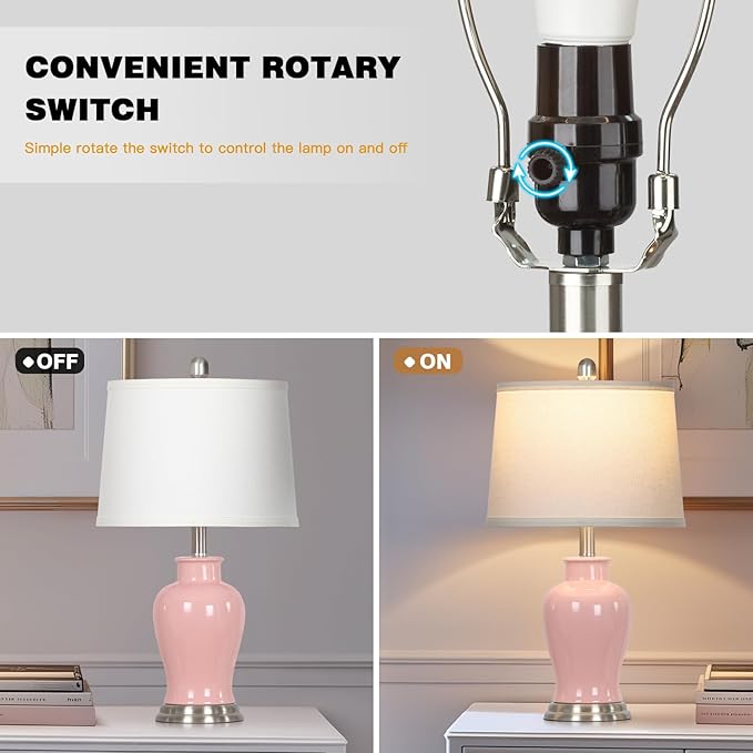 23" Ceramic Table Lamps Set of 2, Modern Ceramic Lamps for Living Room, Cute Bedside Lamps with Ginger Jar Design, Elegant Bedroom Lamps for Nightstand Dining Room Desk Side End Table Home Decor, Pink - Bloomnest