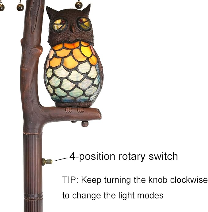 Bieye L10766 Grapes Tiffany Style Stained Glass Double-Lit Floor Lamp with Owl Night Light, 18" Wx65 H - Bloomnest