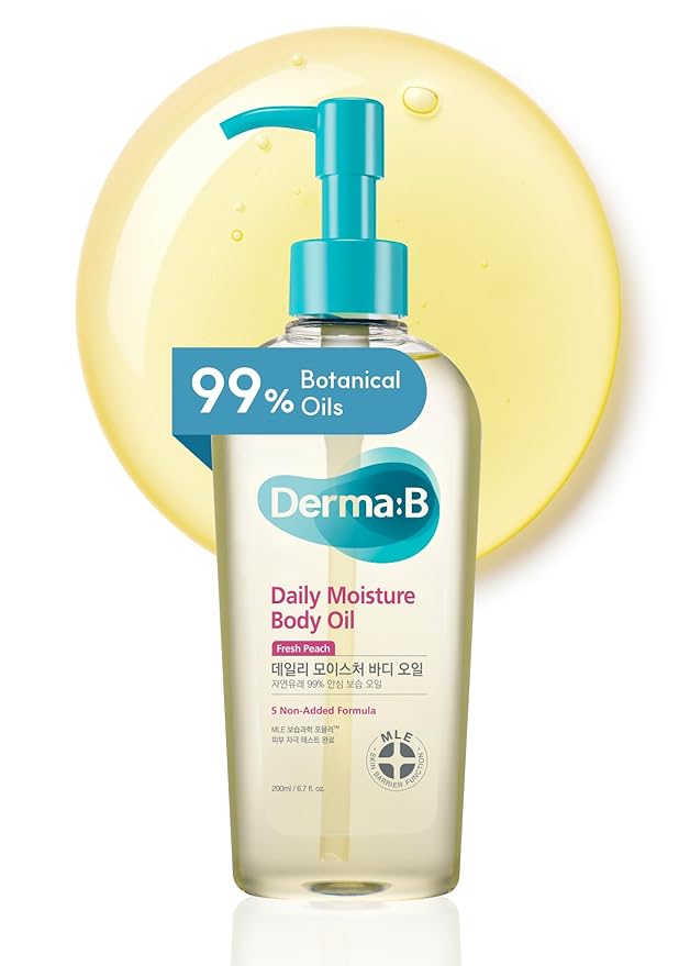 Derma B | Daily Moisture Body Oil | 99% Natural Argan & Sweet Almond Oil | Shower Oil for Dry Sensitive Skin | Light & Long-Lasting Hydration | Skin Body Care Oil with Peach Scent | 6.78 fl oz (200ml) - Bloomnest