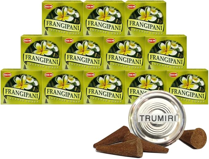 TRUMIRI Incense Cone Holder Bundle with Hem Firangipani Incense Cones - Pack of 12 (Approx 120 Cones)