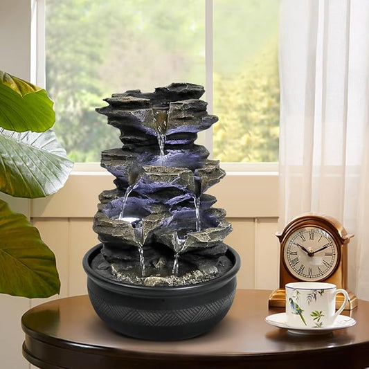15.7” High Rock Falls Tabletop Water Fountain with LED Lights - Indoor 5-Tier Cascading Fountain for Home and Office Decor (Gray_3, 15.7" high) - Bloomnest