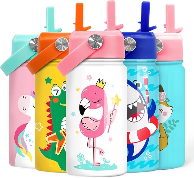 Flamingo Water Bottle - Kids Water Bottle with Straw Lid - 12 Oz Insulated Stainless Steel Water Bottles for Kid Girls - Travel Cup for School Sports - Bloomnest