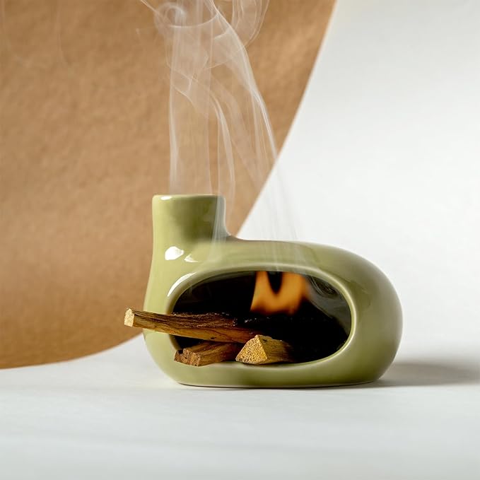 Palo Santo Holder Burner - Modern Chiminea Incense Dish for Palo Santo Sticks and Cones - Ceramic Meditation Gift with Natural Polished Surface - Perfect for Yoga, Aromatherapy - Bloomnest