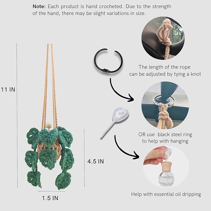 Cute Crochet Car Plant Monstera Essential Oil Diffuser Bottle - 12ml Refillable, Green Car Accessory for Mirror Decor and Home Decor - Bloomnest