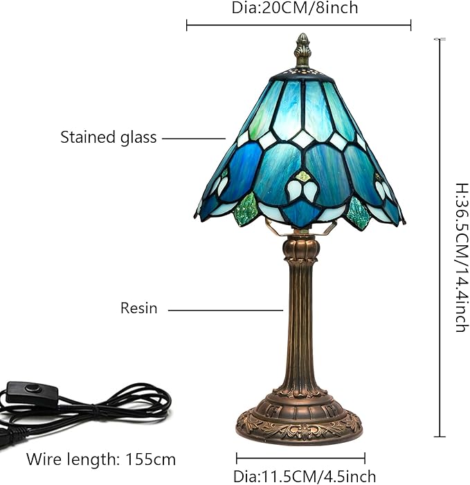 8 Inch Tiffany Style Colorful Lamp, Blue Green Umbrella Retro Design Bedside Lamp, Suitable for Bedroom, Dormitory Cafe and Other Home Art Decoration - Bloomnest