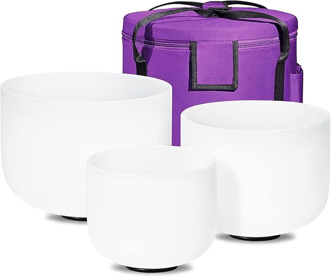 CVNC 432HZ 8"B 10"E 12"C Inch Set Of 3 Pcs Frosted Quartz Crystal Singing Bowls with 2 Pcs Carrying Case bag Sound Healing Meditation - Bloomnest