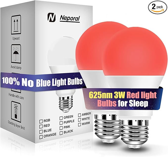 Neporal 3W 625nm Red Light Bulbs for Sleep, 100% Blue Light Blocking Bulb, Red Light Night Light for Melatonin Promoting, A19 40W Equivalent Dim Light Bulbs for Bedroom, Baby Nursery,2 Pack - Bloomnest