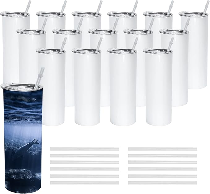 AGH 50 Pack Sublimation Tumblers Blank 20 OZ Straight Skinny Tumbler with Straw, Stainless Steel Double Wall Insulated Tumbler for Tumbler Press Machine - Bloomnest