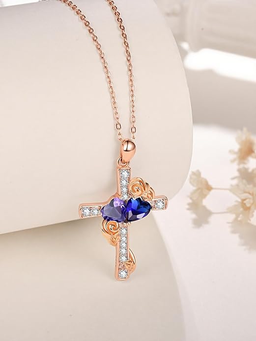 Rose Gold Dual Birthstones Cross Necklace for Women Rose Flower Jewelry Anniversary Christmas Mother's Valentine's Day Birthday Gift for Wife Girlfriend Mom - Bloomnest